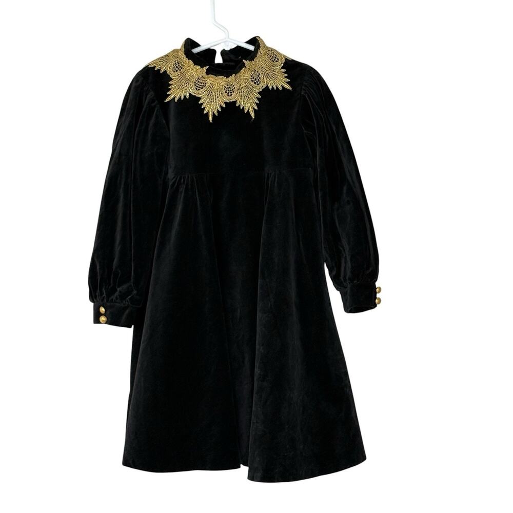 VTG Chocolate Soup Girls Velvet And Lace Dress Black Gold Sz 6